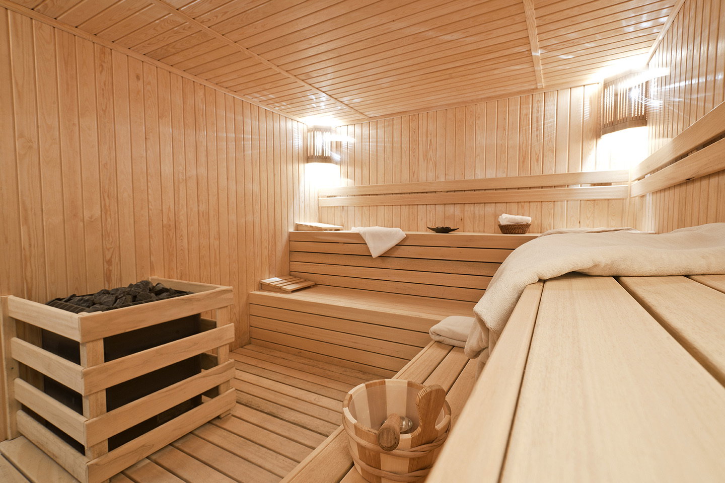 Interior of a wooden sauna.