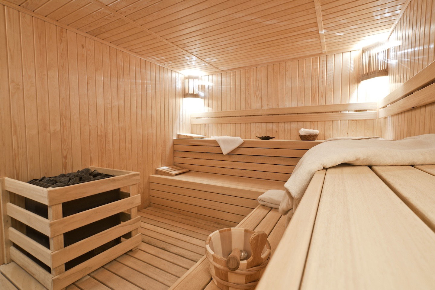 Interior of a wooden sauna.