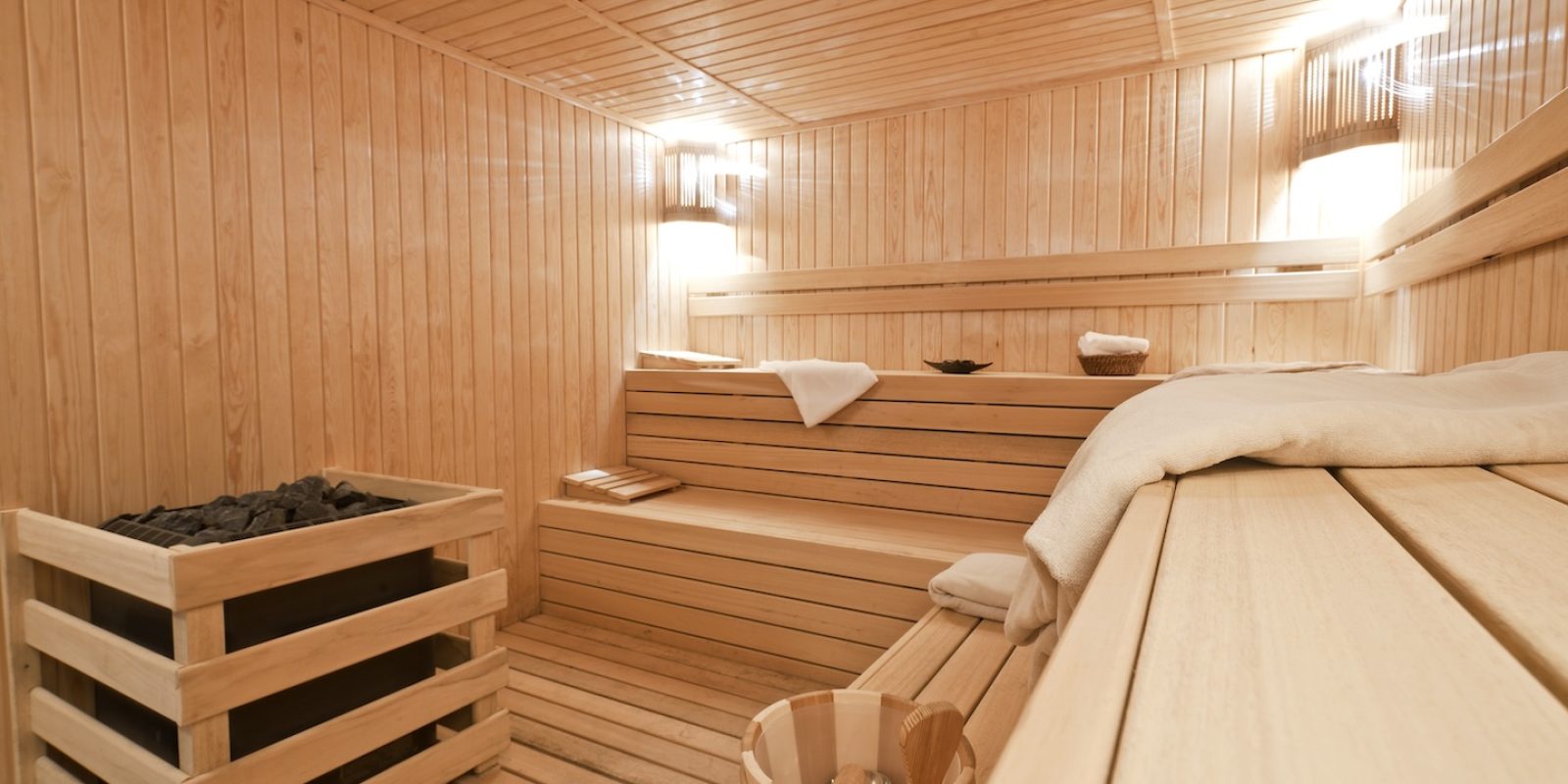 Interior of a wooden sauna.